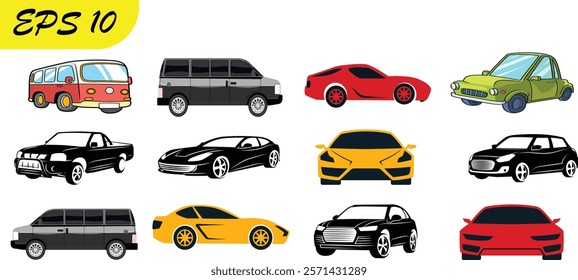 Collection of vehicle icons including cars, trucks, vans, buses, and more, in a simple vector design