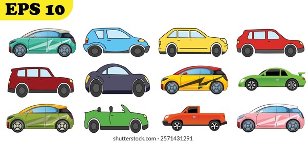 Collection of vehicle icons including cars, trucks, vans, buses, and more, in a simple vector design