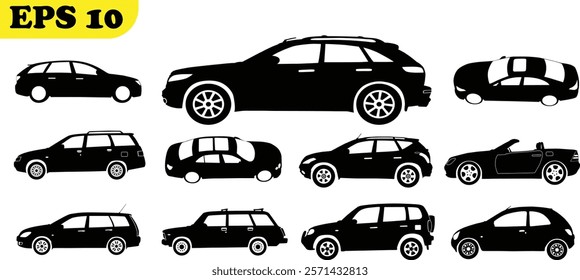 Collection of vehicle icons including cars, trucks, vans, buses, and more, in a simple vector design