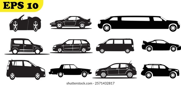 Collection of vehicle icons including cars, trucks, vans, buses, and more, in a simple vector design