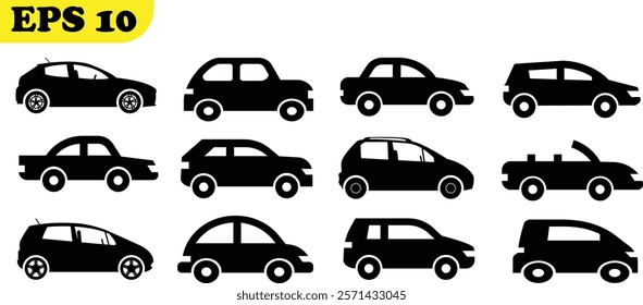 Collection of vehicle icons including cars, trucks, vans, buses, and more, in a simple vector design