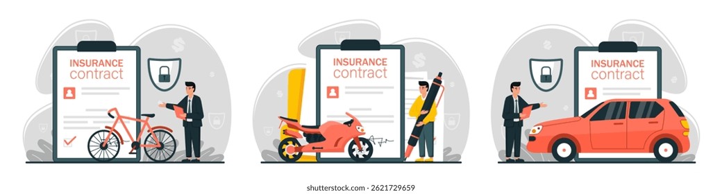 Collection of vehicle insurance scene. Characters buying car, bicycle and motorbike insurance policy with full coverage and protection. Insured persons and transport property. Vector illustration.