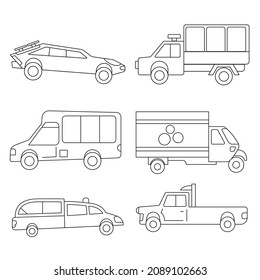 Collection of vehicle for kids activity coloring book Vector illustration.