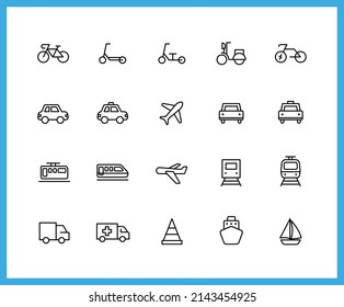 Collection of Vehicle linear icons. Set of Car, Boat symbols drawn with thin contour lines. Vector illustration.