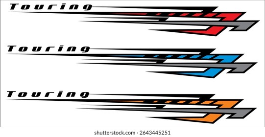 Collection of vehicle striping vector designs, colorful variation line designs, modern 3D TOURING text.