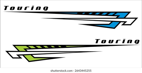 Collection of vehicle striping vector designs, colorful variation line designs, simple 3D TOURING text.