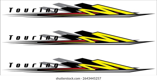 Collection of vehicle striping vector designs, colorful variation line designs, cool 3D TOURING text.