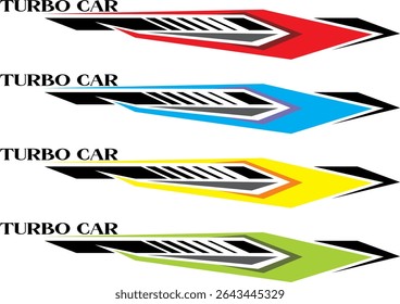 Collection of vehicle striping vector designs, colorful variation line designs, Elegant 3d TURBO CAR text.