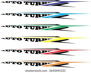 Collection of vehicle striping vector designs, colorful variation line designs, simple 3d TURBO CAR text.