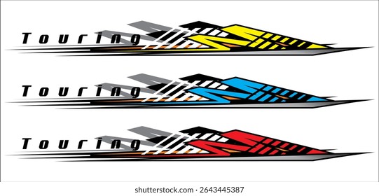 Collection of vehicle striping vector designs, colorful variation line designs, Elegant 3D TOURING text.