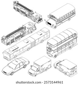 Collection of vehicles including a bus, a fire truck, and a car. The vehicles are all drawn in black and white. Isometric view