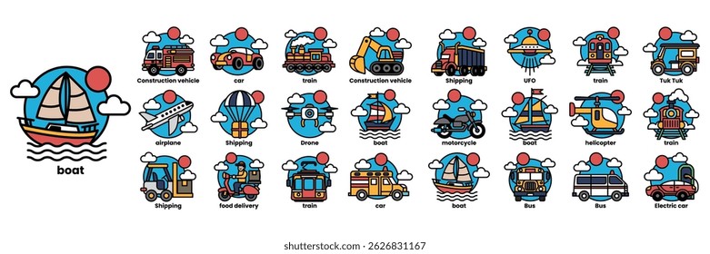 A collection of vehicles including cars, boats, and airplanes. The image is blue and white. The vehicles are arranged in a row, with the first one being a boat and the last one being a truck