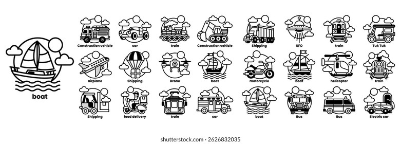 A collection of vehicles including cars, boats, and airplanes.
