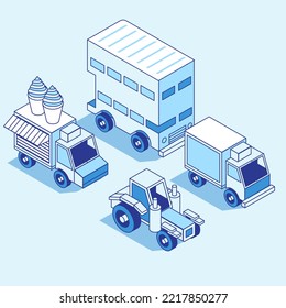 vehículos de recogida en un estilo isométrico lineal. Línea de arte mínima. Concepto de camión de alimentos, autobús de dos pisos, camión agrícola y coche de carga