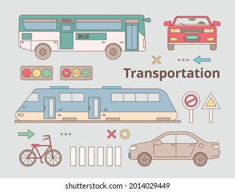 Una colección de vehículos. ilustración simple del vector de esquema.