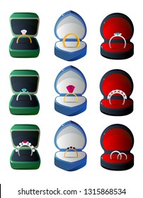 Collection of Velvet Opened Gift Boxes with Rings, Jewelry Cases of Various Shapes and Colors Vector Illustration