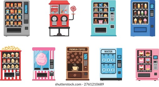 Collection of vending machines with snacks, ice cream, coffee, water and candy dispenser, colorful vector illustration of automated retail concept
