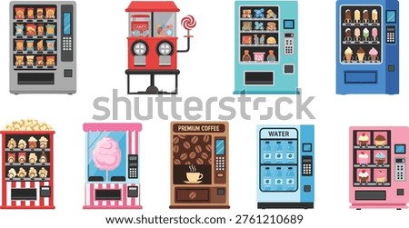 Collection of vending machines with snacks, ice cream, coffee, water and candy dispenser, colorful vector illustration of automated retail concept