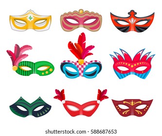 Collection Venetian carnival masks hand painted isolated on white background. Decorations for masquerade, parties and various celebrations. Vector Illustration for your projects.