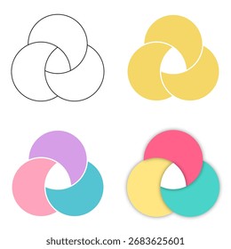 Colección de diagramas de Venn con tres circunferencias superpuestas. Conjunto de infografía de Vector aislado sobre fondo blanco para negocios, educación y análisis de datos.