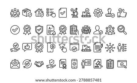 Collection of verification and confirmation icons representing diverse aspects of quality assurance and approval processes