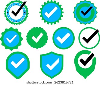 A collection of verified logos badge featuring check mark symbols in blue and green color schemes. Includes shield icons, circular badges, and star-lined emblems. Designed in a flat vector