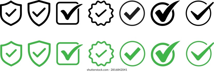 Collection of verified tick icons in various styles including shields square boxes stars and circles perfect for success validation completion or quality assurance UI.
