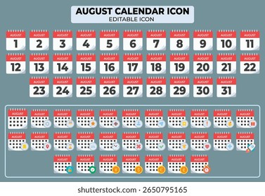 Coleção de ícones editáveis versáteis do calendário de agosto, evento do mês do planejamento e do agendamento