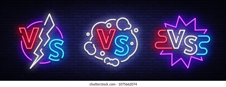 Collection Versus neon signs vector. Set of Versus logo, symbol in neon style. Design template light banner, night advertising. Battle vs match, game concept competitive vs