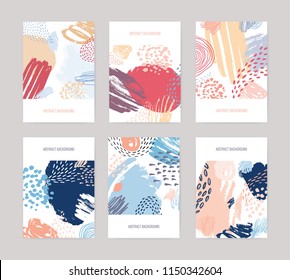 Collection of vertical abstract backdrops or card templates with colorful paint traces, blotches, smudges, stains on white background. Creative vector illustration in contemporary art style.