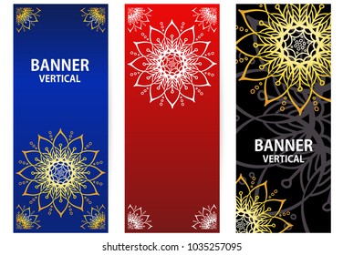 collection vertical abstract banners in Oriental style. Template for yoga center. Vector illustration for business. Golden elements of the mandala on Dark red, blue and black background