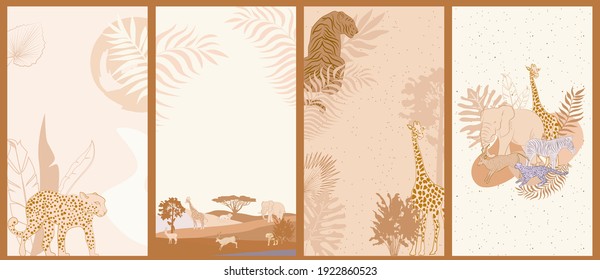 Collection of vertical background with African wild animals, plants. Mobile App, Social media background.  Editable vector illustration.