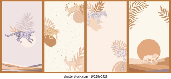 Colección de fondo vertical con animales salvajes africanos, plantas. Aplicación móvil, antecedentes en medios sociales.  Ilustración vectorial editable.