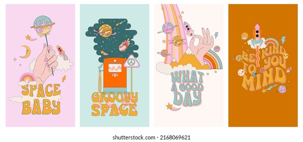 Collection of vertical background for social media. Retro hippie space and pop art elements. Trendy Illustration. Editable Vector