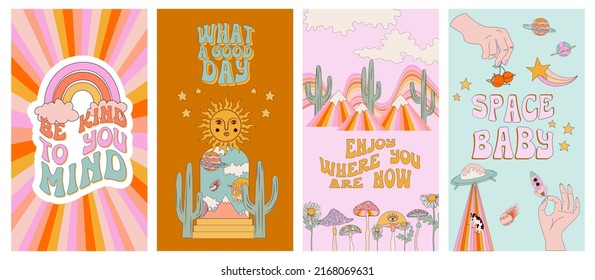 Collection of vertical background for social media. Retro hippie space and pop art elements. Trendy Illustration. Editable Vector