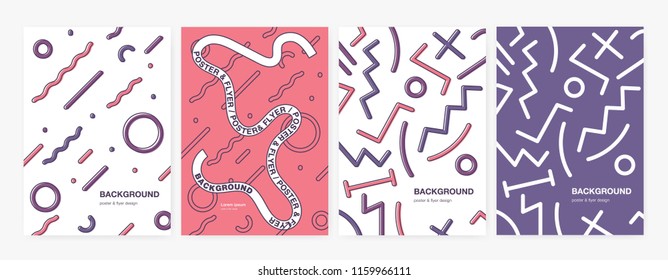 Collection of vertical backgrounds or backdrops with abstract geometric shapes, curved and zigzag lines. Set of poster, flyer or card templates. Colorful vector illustration in trendy style.