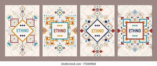 Collection of vertical backgrounds with traditional Aztec ornament or decorative border. Bundle of flyer or postcard templates with colorful geometric decorations in ethnic style. Vector illustration.