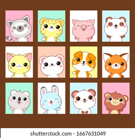 Collection of vertical banner, background, flyer, sticker, placard with cute animals in kawaii style. Vector template card for greeting, decoration, congratulation. EPS8 illustration