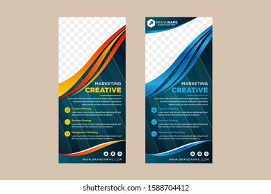 collection of vertical banner with gradient orange and blue Roll Up Banner template vector, wave curve background, advertisement, display, flyer. space for photo on top. blue background pattern. 