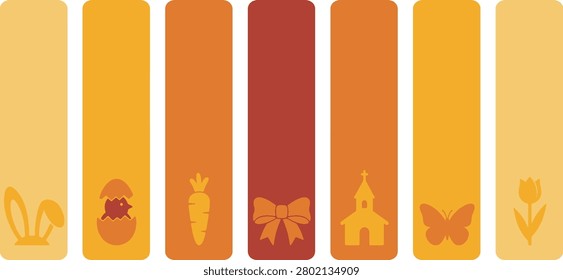 A collection of vertical banners with Easter-themed icons including bunny ears, a chick hatching from an egg, a carrot, a bow, a church, a butterfly, and a tulip.