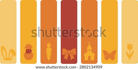 A collection of vertical banners with Easter-themed icons including bunny ears, a chick hatching from an egg, a carrot, a bow, a church, a butterfly, and a tulip.