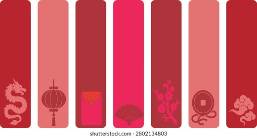 A collection of vertical banners in shades of red and pink, each featuring a distinct Chinese cultural symbol like a dragon, lantern, red envelope, fan, plum blossom, coin, and cloud.