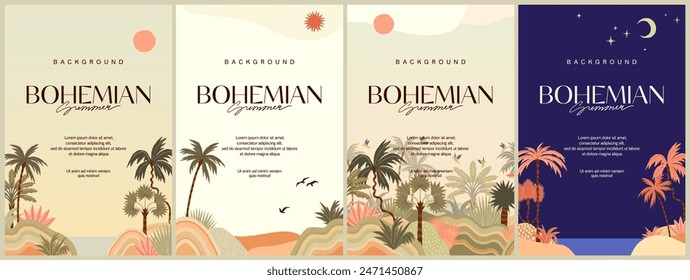 Colección de Vertical bohemia de fondo de verano, con palmeras y mar. Diseño botánico exótico para hotel, spa, agencia de viajes