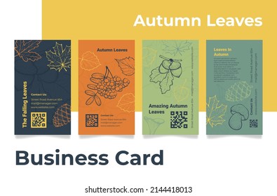 Collection vertical business card engraved autumn leaves design vector illustration. Set detailed fall ornament maple, fir cone, rowan, acorn, mushroom branding identification template place for text