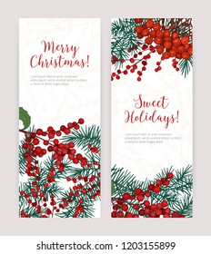 Collection of vertical Christmas banners with coniferous tree branches, holly leaves and berries, holiday lettering and place for text. Festive vector illustration in elegant realistic style.