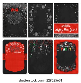 Collection vertical Christmas cards in vintage style with hand-drawn holiday symbols, vector illustration 10 eps.