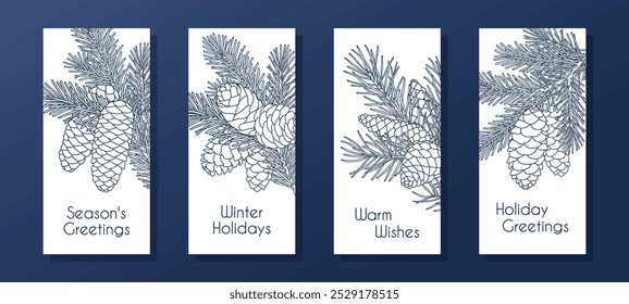 Collection of vertical compositions with coniferous branches and cones. Templates for seasonal greeting card, banner, invitation, poster, flier. Linear graphic style. Vector illustration.