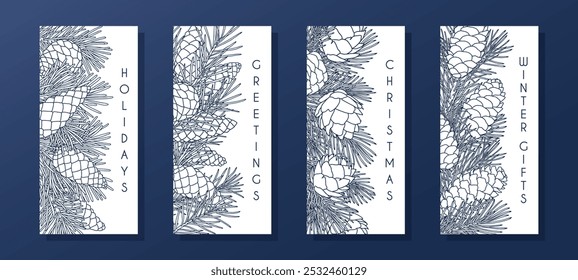 Colección de composiciones de Vertical con ramas de coníferas y conos. Plantillas para la tarjeta de felicitación de temporada, Anuncio, invitación, cartel, volante. Estilo gráfico lineal. Ilustración vectorial.