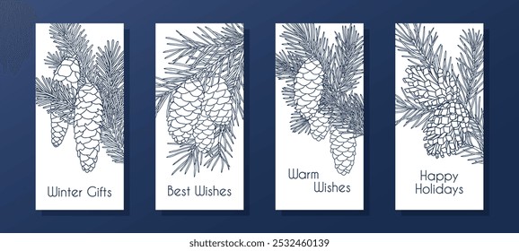 Collection of vertical compositions with coniferous branches and cones. Templates for seasonal greeting card, banner, invitation, poster, flier. Linear graphic style. Vector illustration.