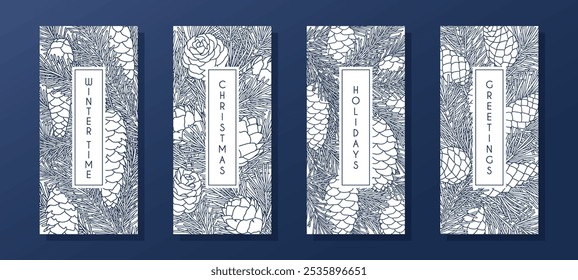 Collection of vertical compositions with coniferous branches and cones. Templates for seasonal greeting card, banner, invitation, poster, flier. Linear graphic style. Vector illustration.